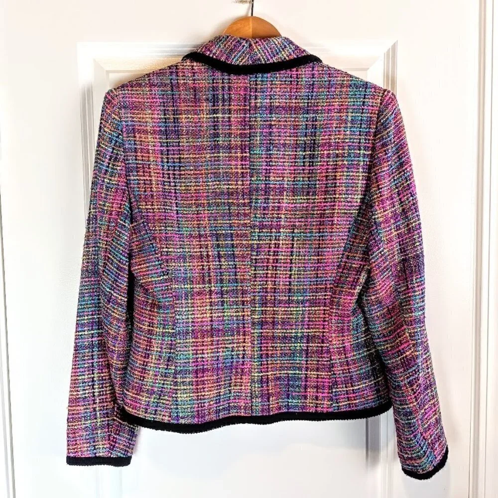 Giancarlo Ferrari Petite Blue Pink Tweed Black Trim Blazer